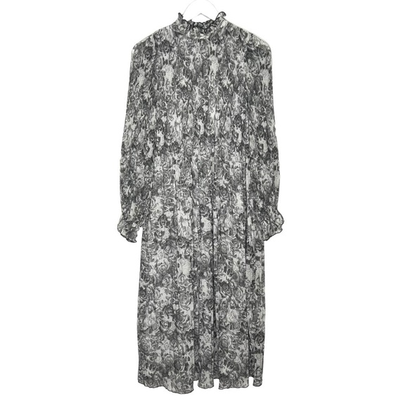 Ganni Floral Print Plisse Crepe de Chine Midi Dress Phantom Gray Size 36 NEW - Picture 6 of 16